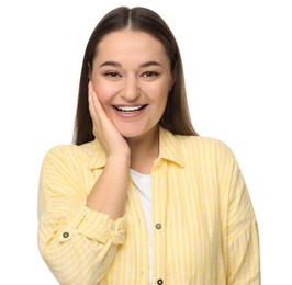 Photo of Smiling woman with dental braces on white background