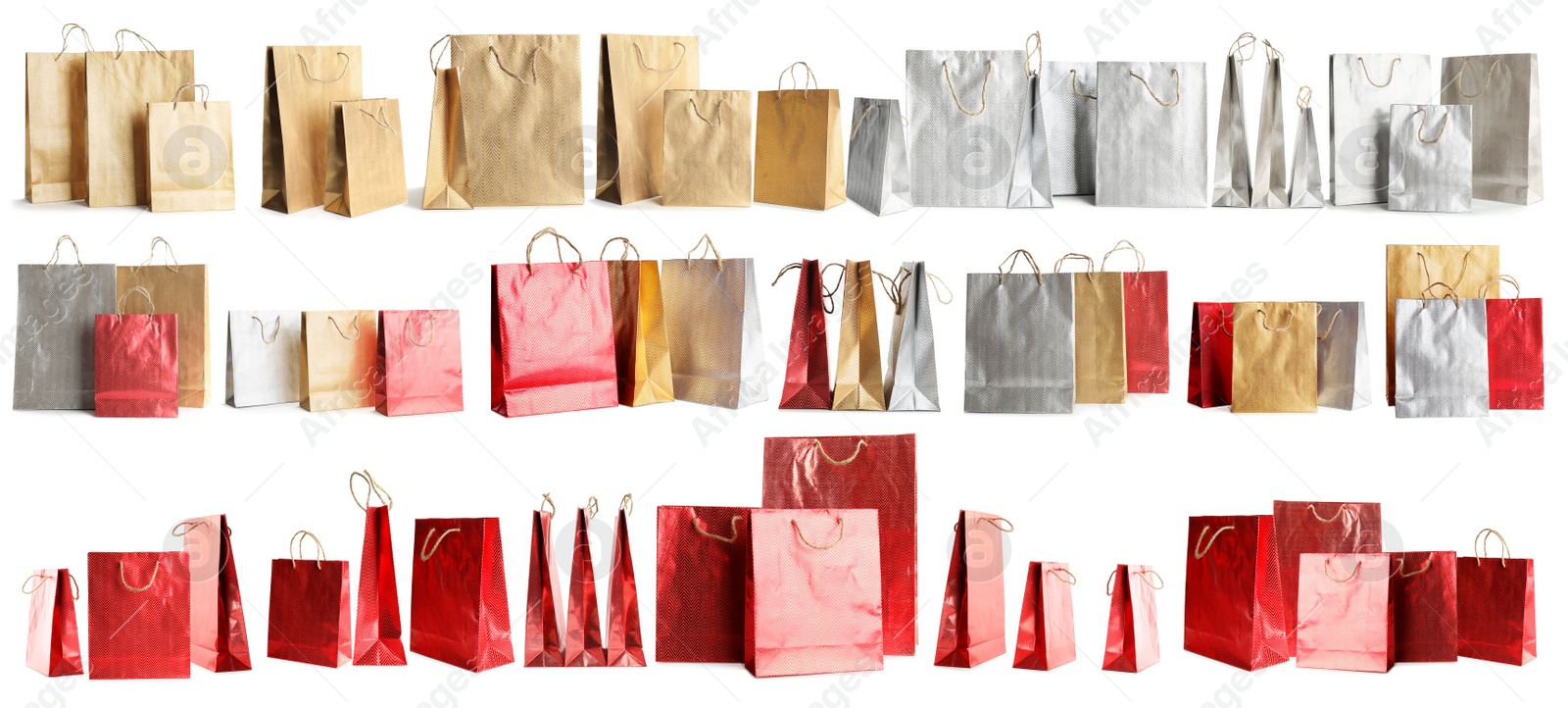 Image of Set of paper shopping bags on white background. Banner design