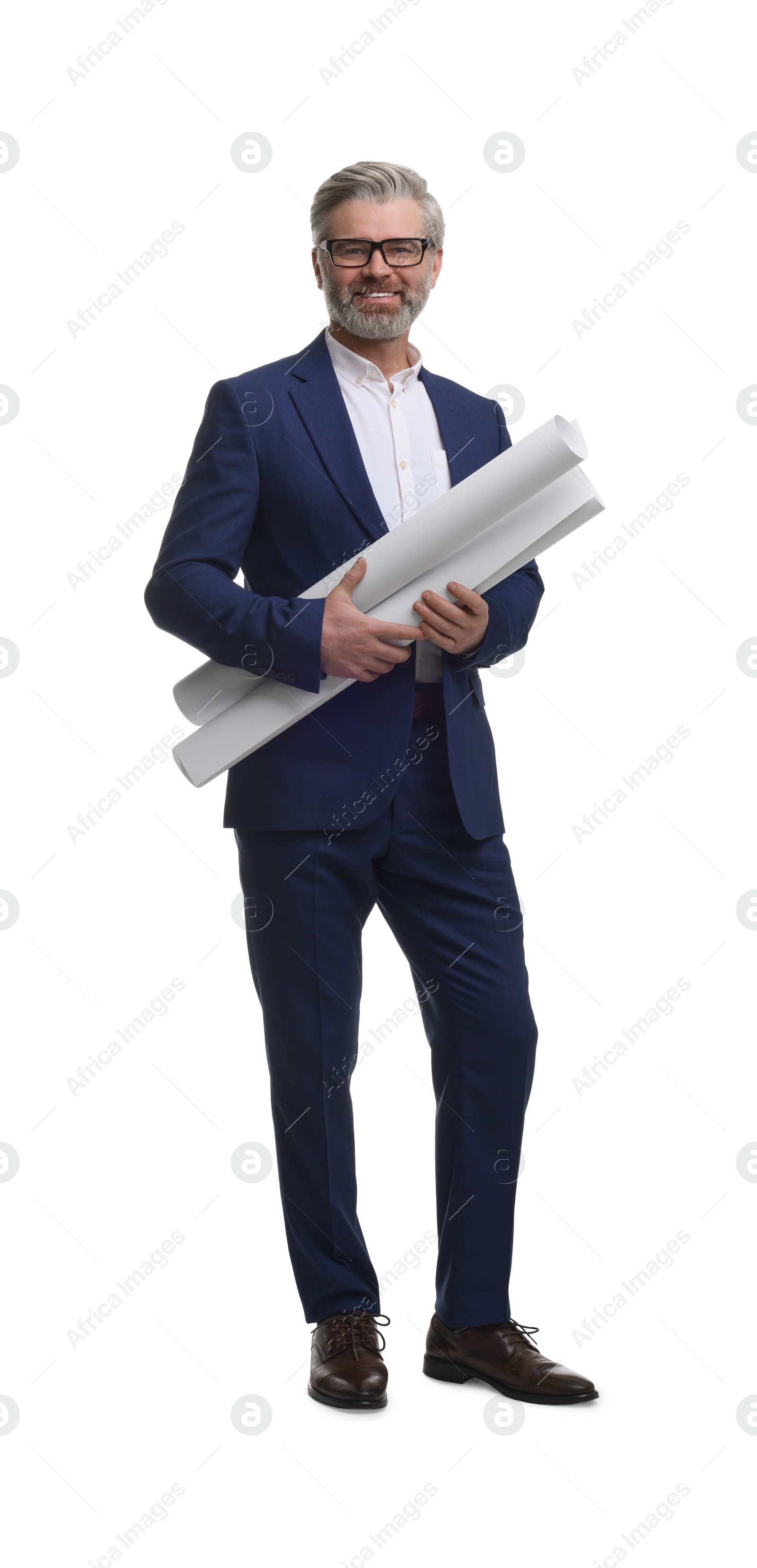 Photo of Architect in glasses holding drafts on white background