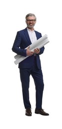 Photo of Architect in glasses holding drafts on white background