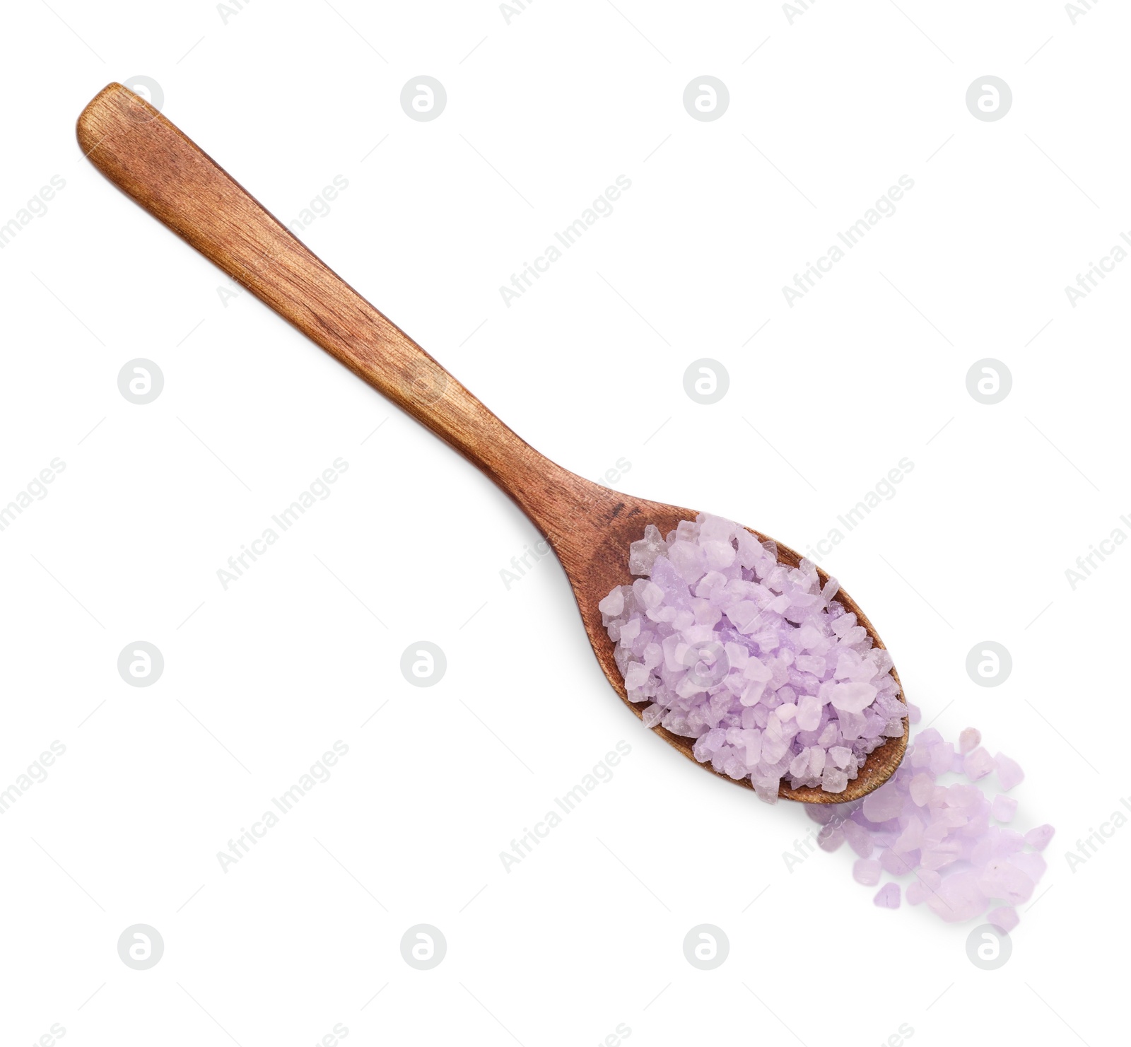 Photo of Violet sea salt and spoon isolated on white, top view