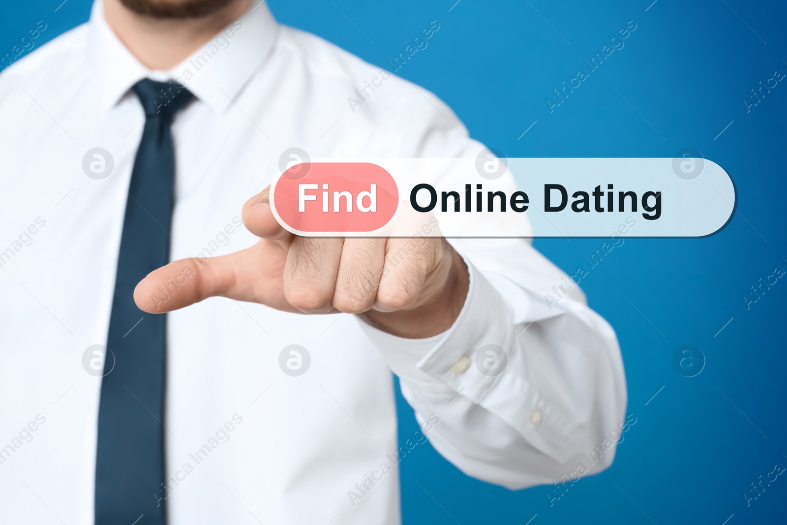 Image of Man pointing at search bar with request Online Dating on blue background, closeup