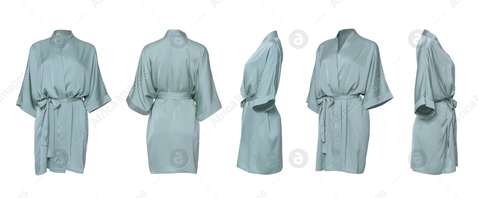 Image of Collage with pale green silk bathrobe on white background, different views