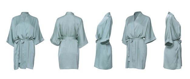 Collage with pale green silk bathrobe on white background, different views