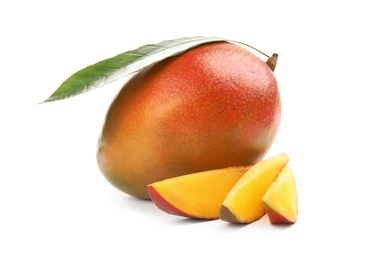 Delicious ripe mangoes on white background. Tropical fruit