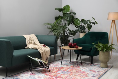 Living room interior with side table, book stand, houseplants, sofa and armchair