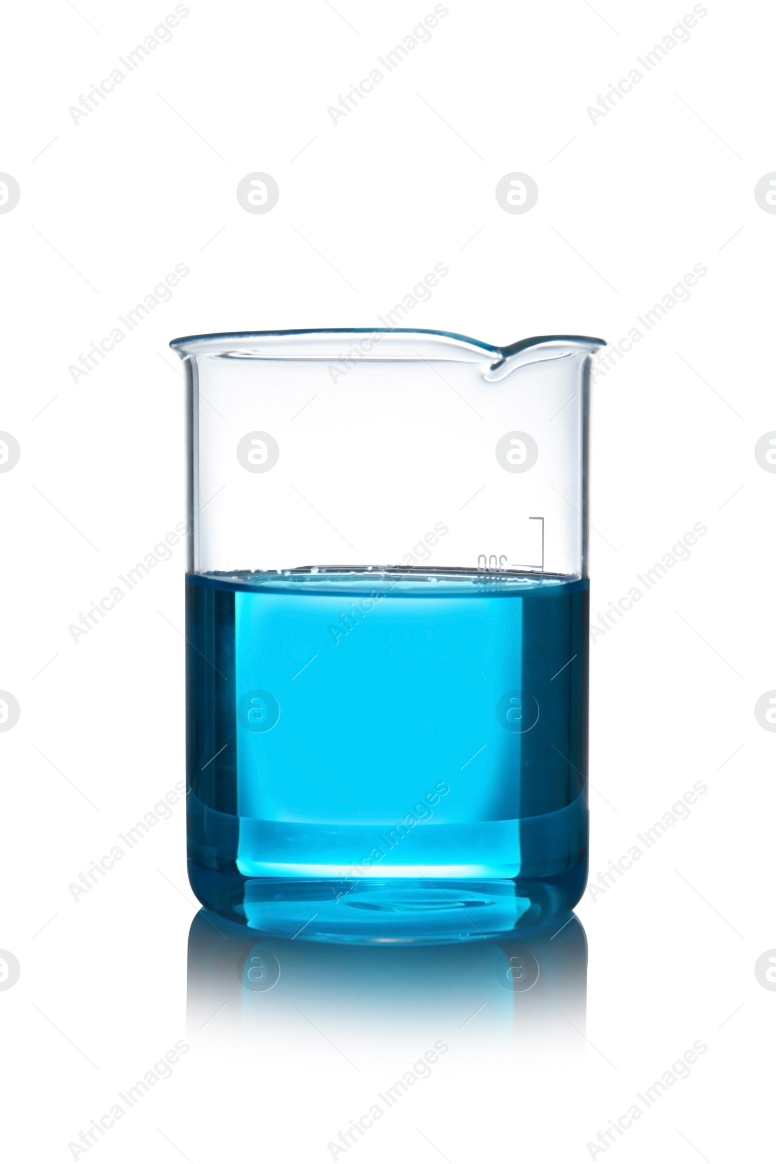 Photo of Beaker with liquid on table against white background. Laboratory analysis