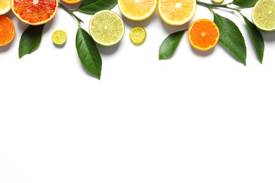 Flat lay composition with different citrus fruits on white background