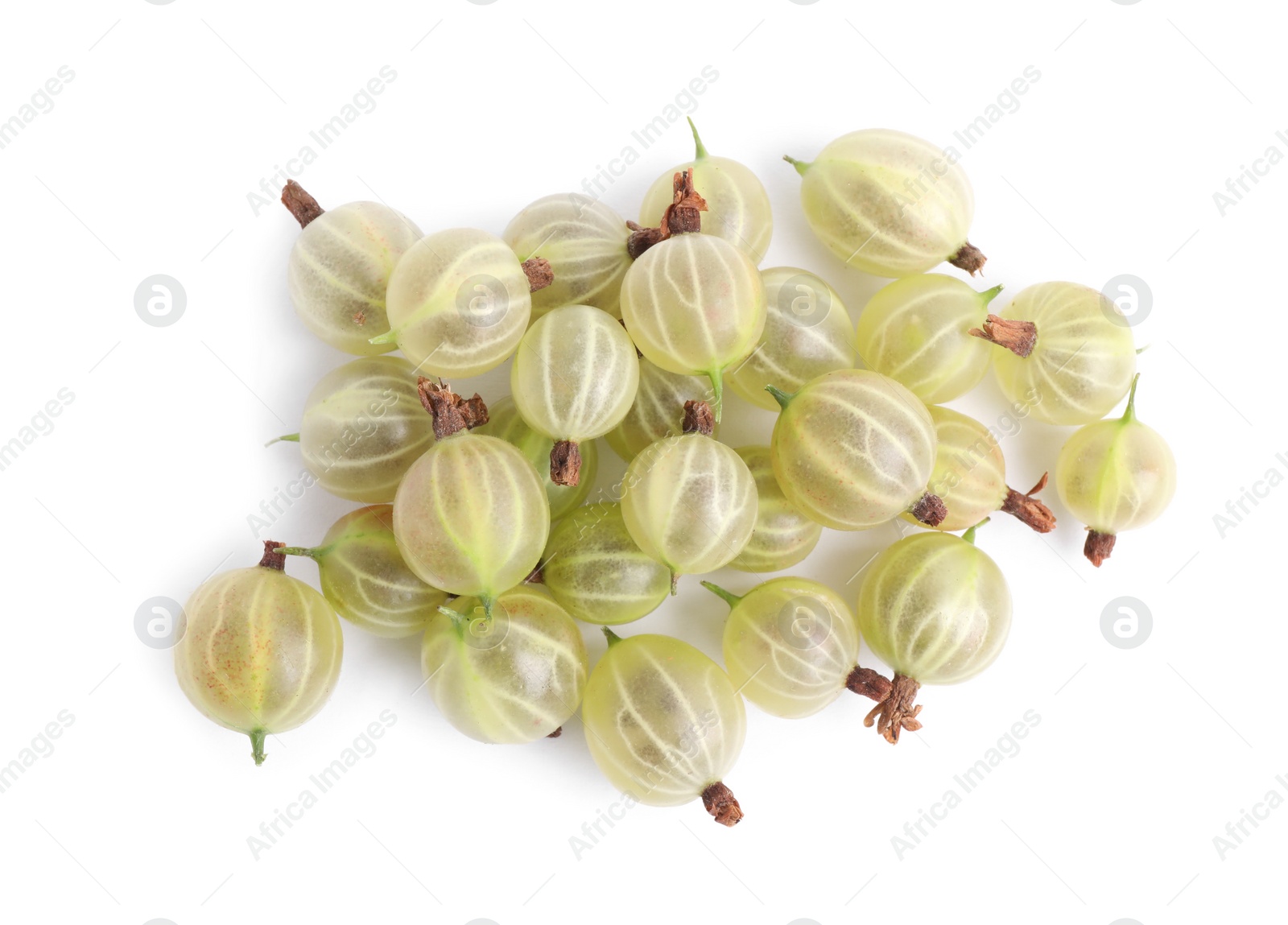 Photo of Pile of fresh ripe gooseberries on white background, top view