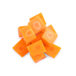 Photo of Pieces of fresh ripe carrot isolated on white, top view