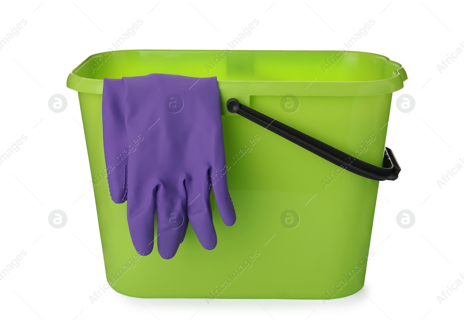 Photo of Green bucket with gloves for cleaning isolated on white