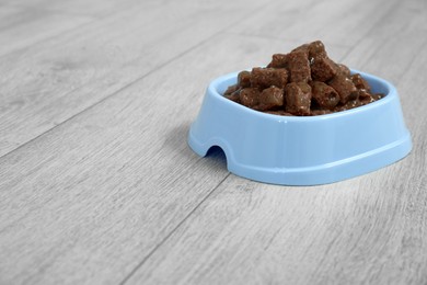 Photo of Wet pet food in feeding bowl on floor, space for text