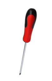 Photo of New screwdriver on white background. Professional construction tool