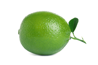 Fresh ripe lime with green leaf isolated on white