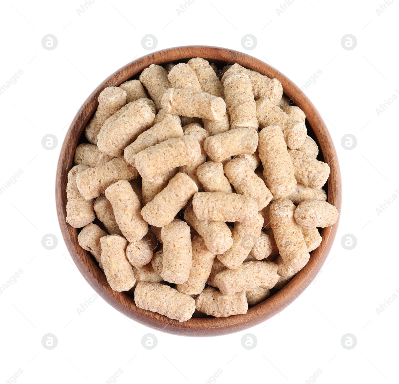 Photo of Granulated wheat bran in bowl on white background, top view