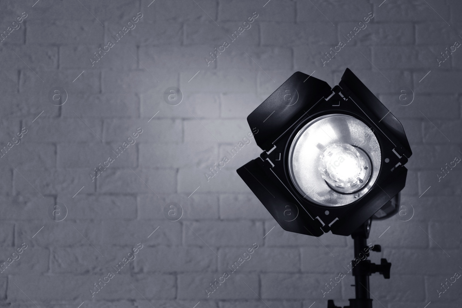 Photo of Professional photo studio lighting equipment near brick wall. Space for text