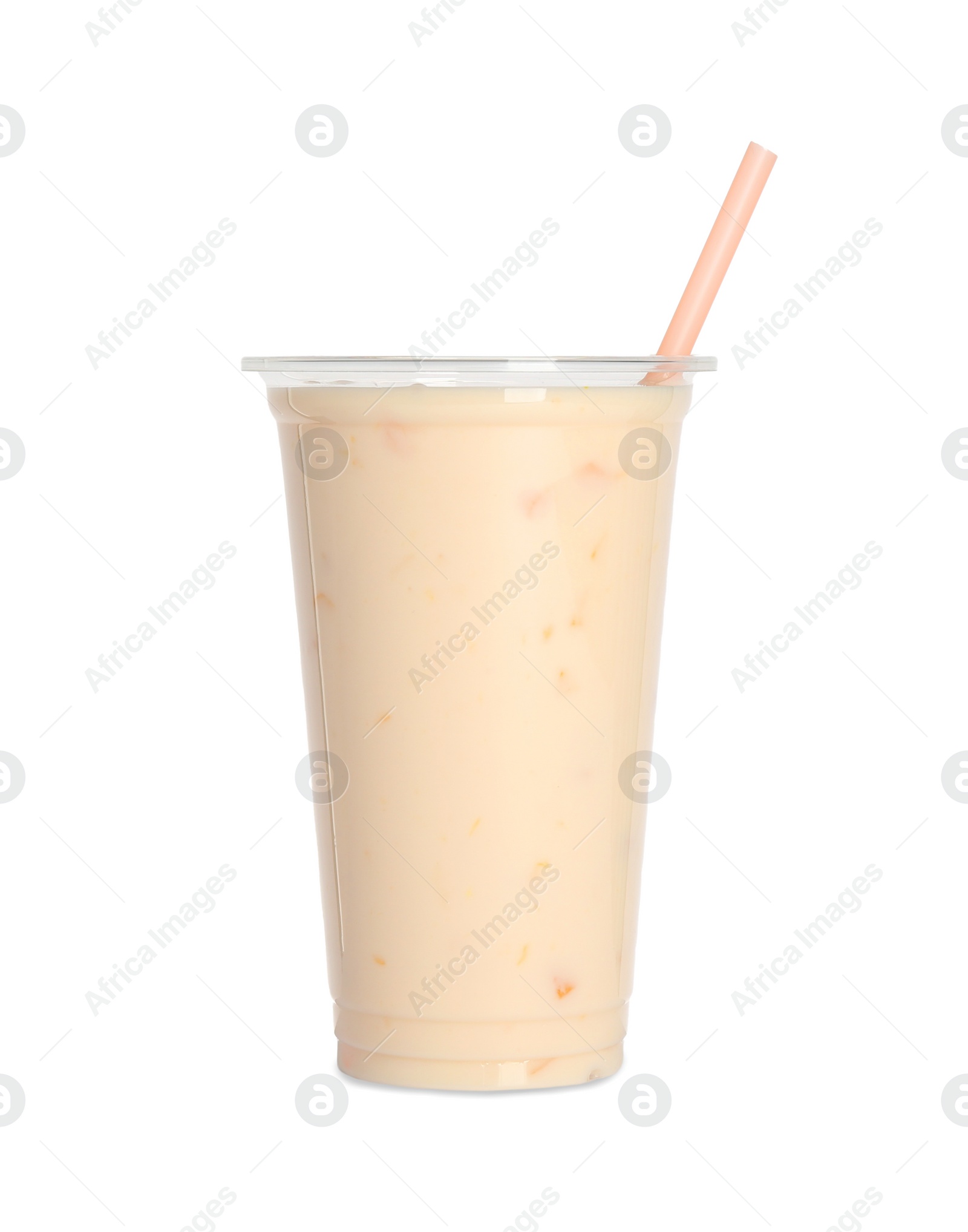 Photo of Plastic cup of tasty smoothie isolated on white