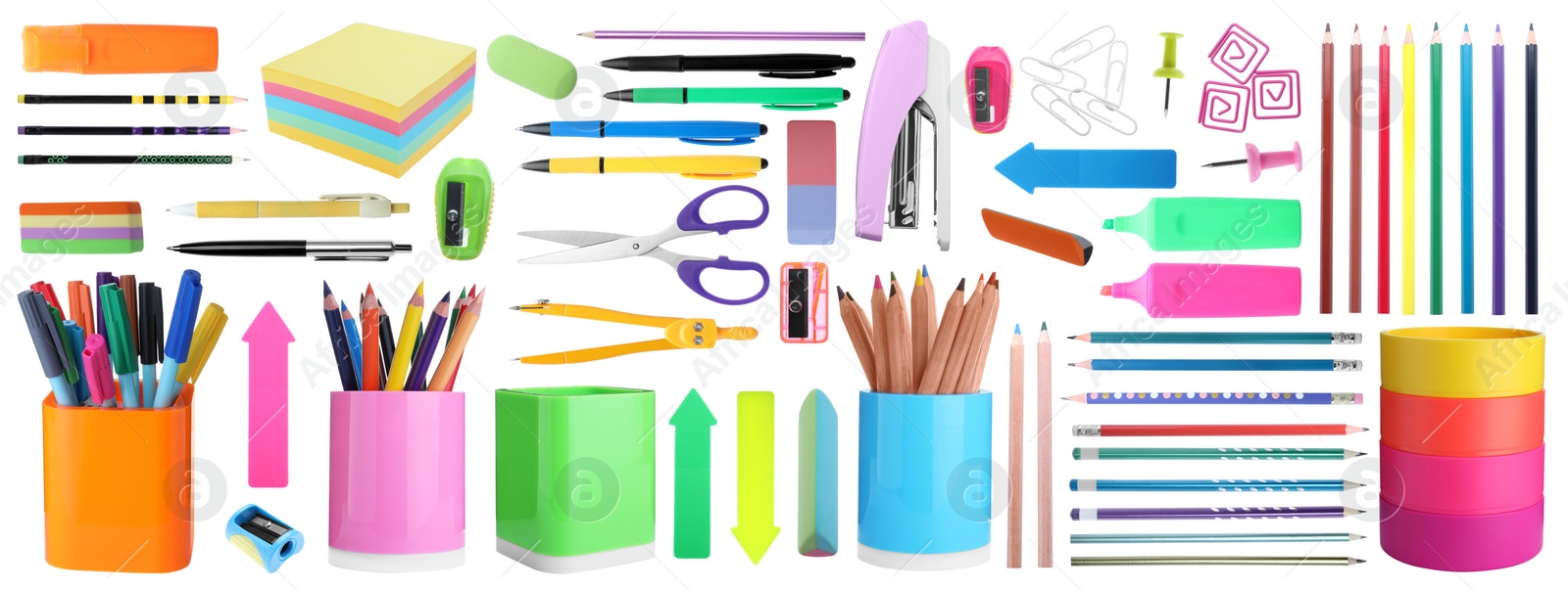 Image of Set of bright school stationery on white background. Banner design