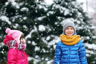 Happy children in warm clothing outdoors on snowy day