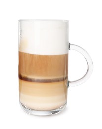 Photo of Aromatic latte macchiato in glass cup isolated on white