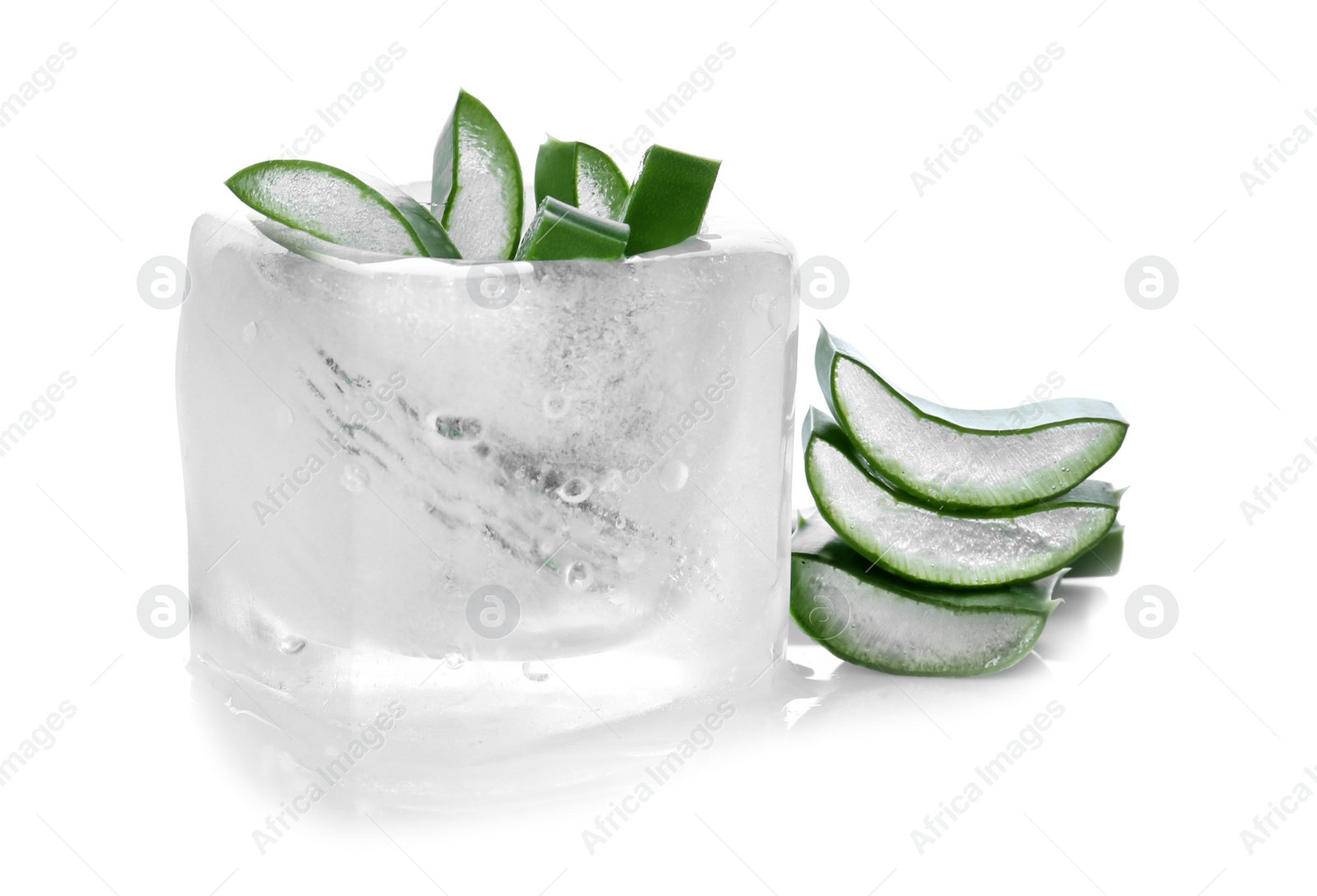 Photo of Ice container with sliced aloe vera plant on white background