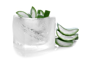 Photo of Ice container with sliced aloe vera plant on white background