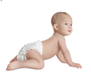 Cute little baby in diaper on white background