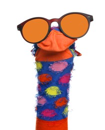 Photo of Funny sock puppet with sunglasses isolated on white