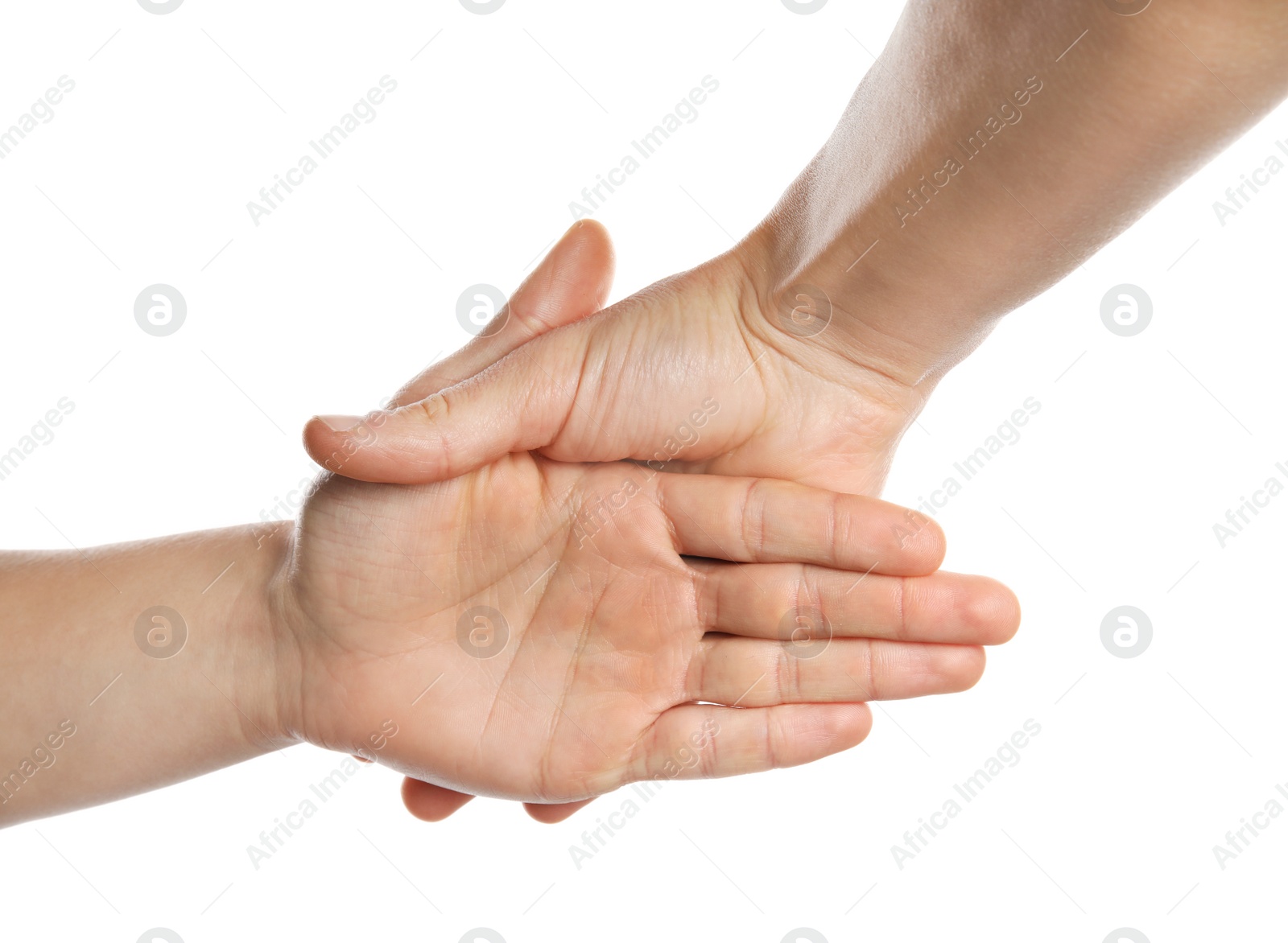 Photo of Man showing hand sign on white background, closeup. Body language