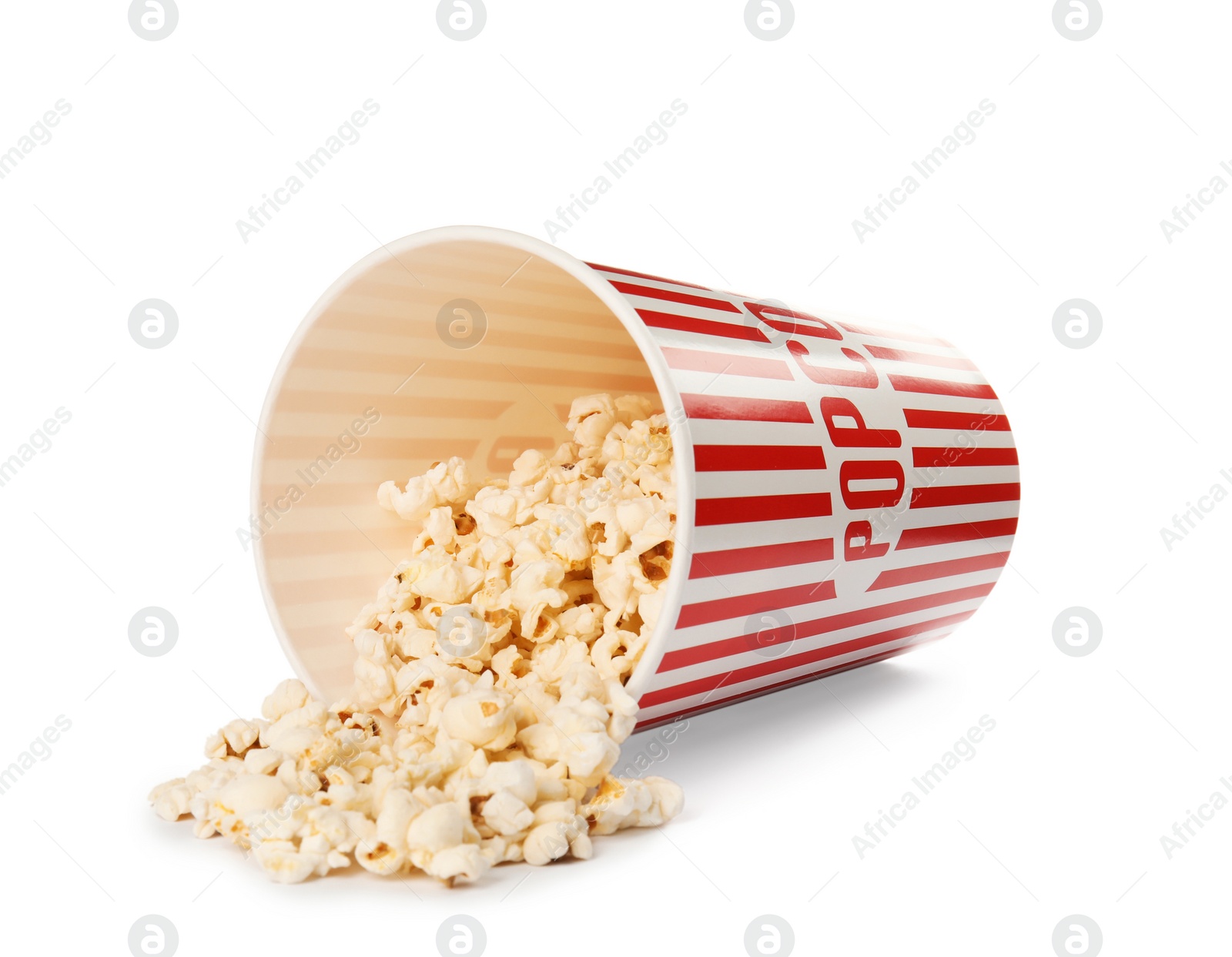 Photo of Paper cup with of tasty popcorn on white background