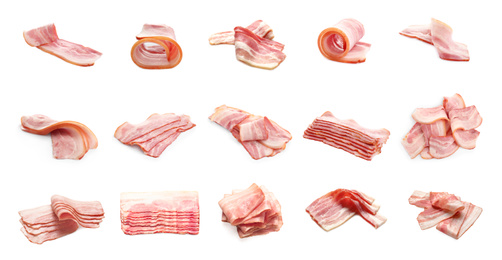 Image of Set with bacon slices on white background