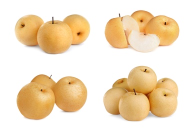 Image of Set with fresh ripe apple pears on white background 