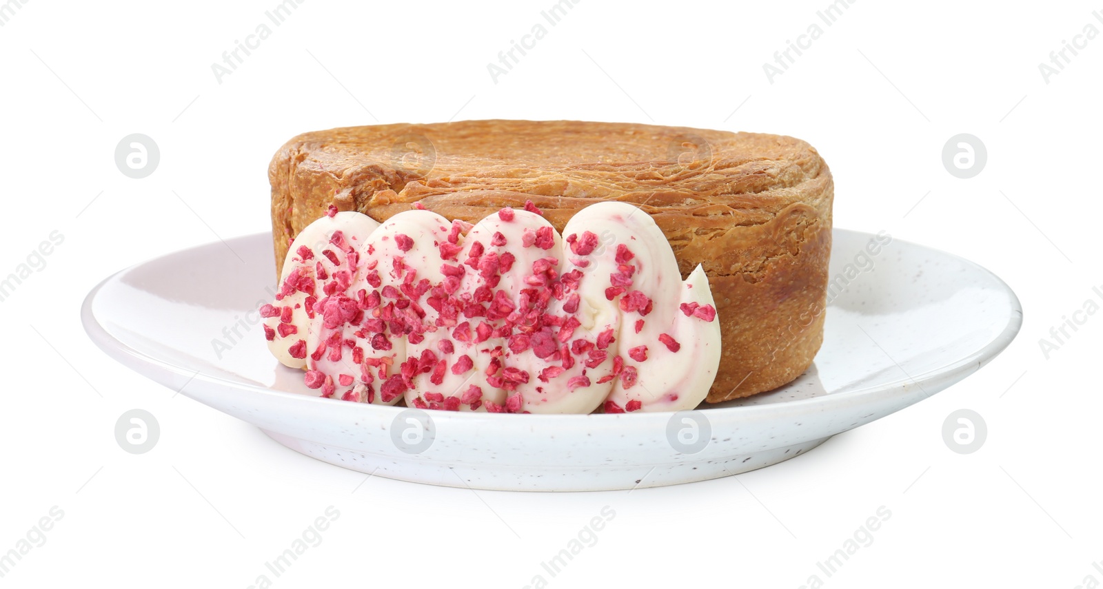 Photo of Round croissant with cream isolated on white. Tasty puff pastry