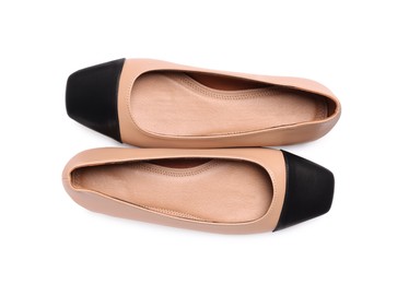 Photo of Pair of new stylish square toe ballet flats on white background, top view