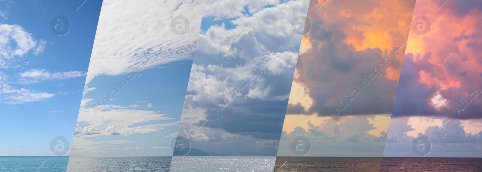 Image of Photos of sky over sea during different weather, collage. Banner design. Meteorology, forecast, climate change