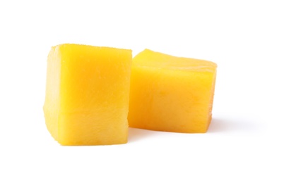 Photo of Fresh juicy mango cubes isolated on white