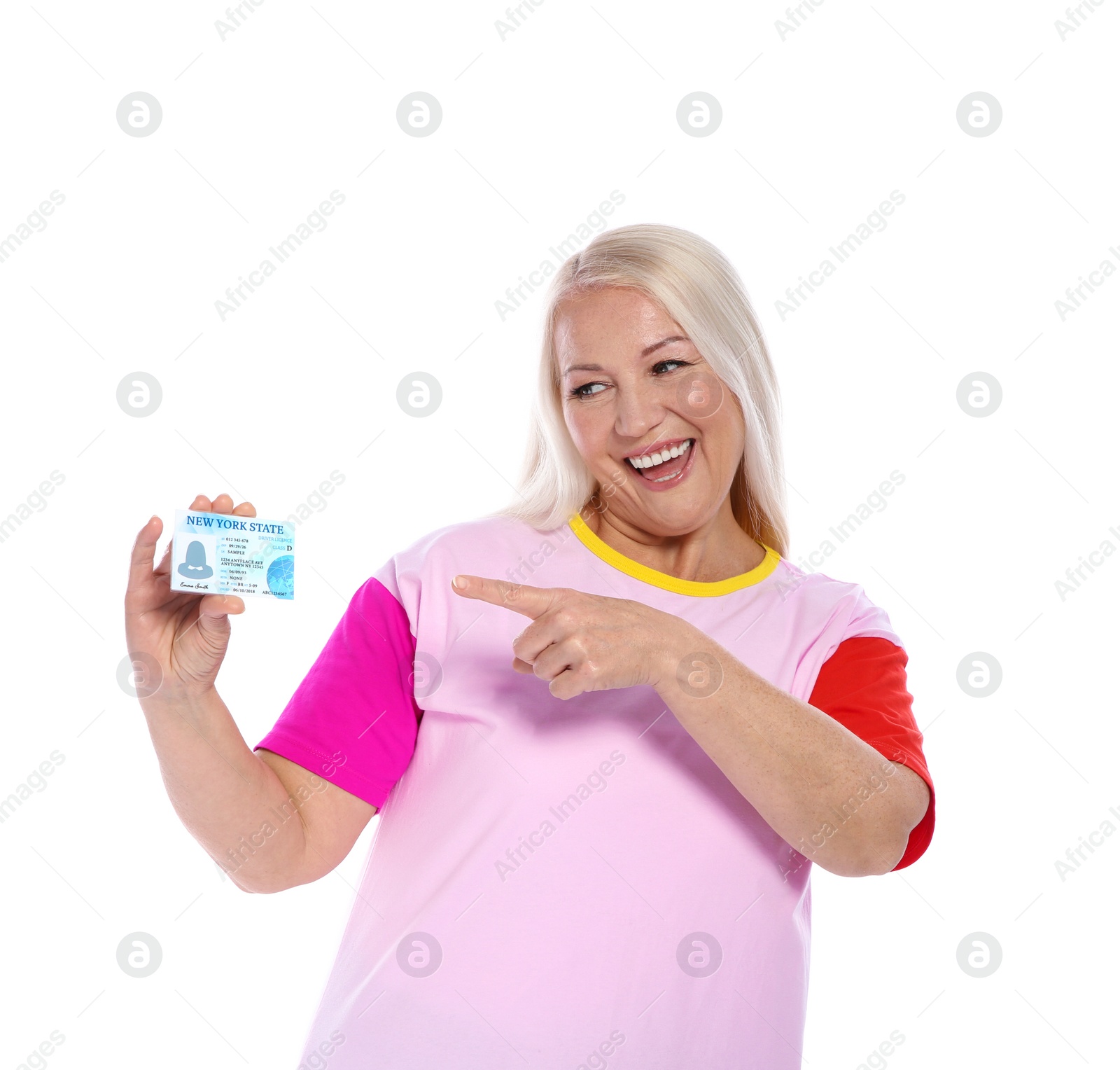 Photo of Happy mature woman with driving license on white background
