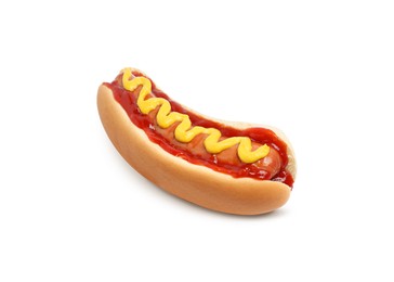 Yummy hot dog with ketchup and mustard isolated on white