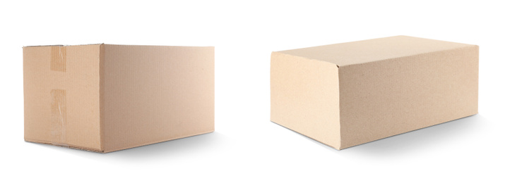 Image of Closed cardboard boxes on white background. Banner design