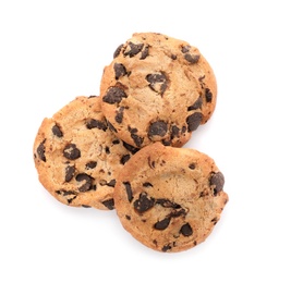 Photo of Tasty chocolate cookies on white background, top view