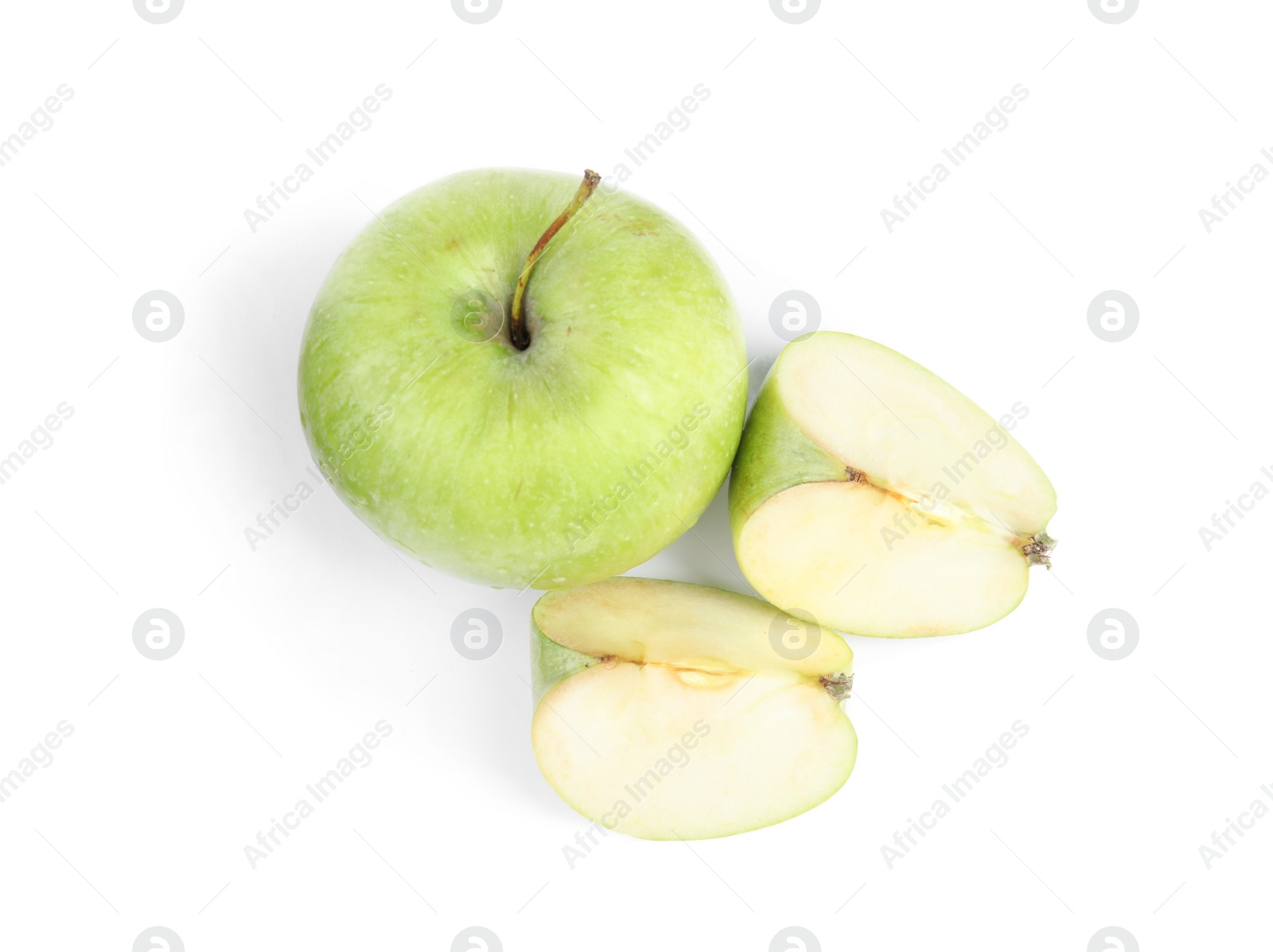 Photo of Fresh ripe green apples on white background, top view