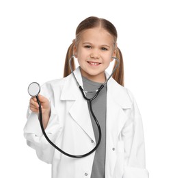 Photo of Little girl in medical uniform with stethoscope on white background