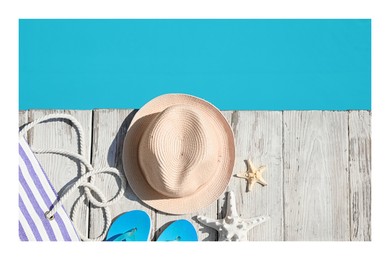 Paper photo. Beach accessories on wooden deck near outdoor swimming pool, flat lay 