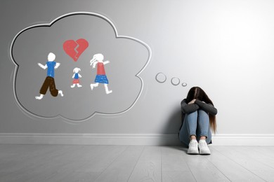 Image of Girl upset because of parents divorce at home. Illustration of broken heart and family
