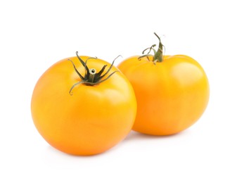 Photo of Fresh ripe yellow tomatoes on white background