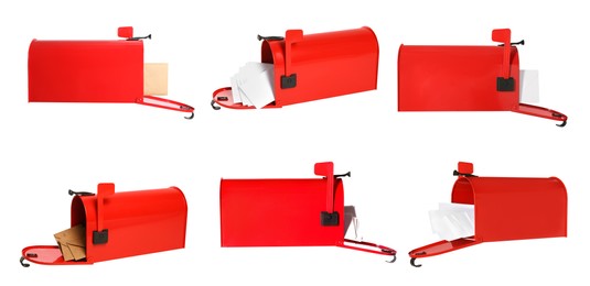 Set of open red letter boxes with correspondence on white background