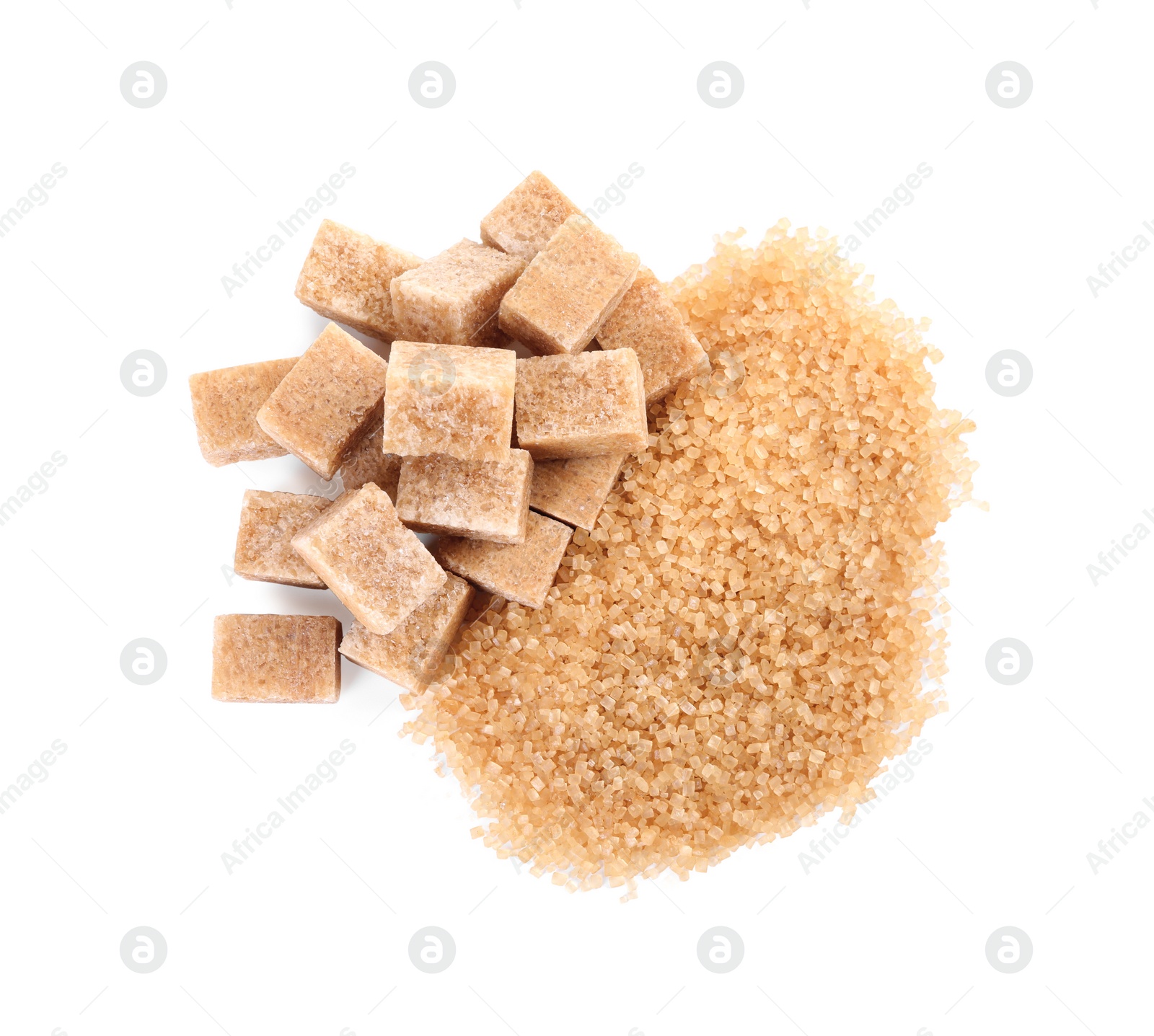 Photo of Different types of brown sugar isolated on white, top view