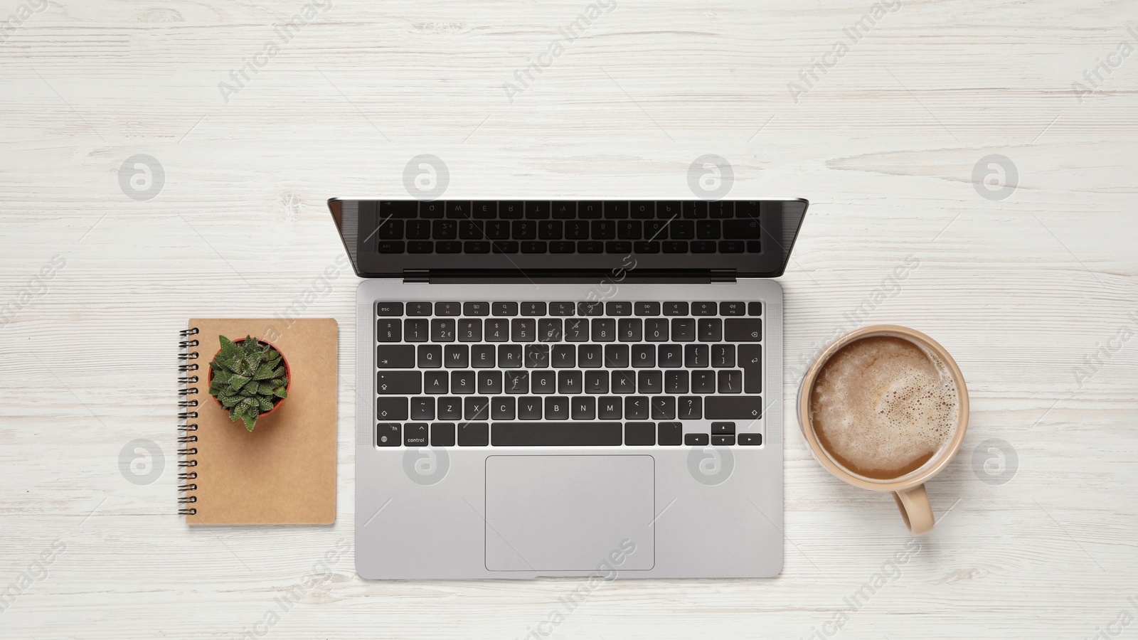 Photo of Modern laptop, houseplant, notebook and cup of coffee on white wooden table, flat lay