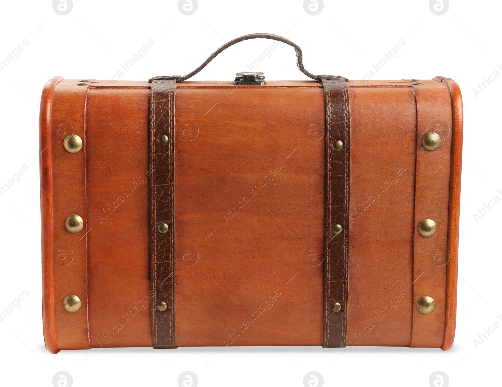 Photo of Beautiful brown stylish suitcase on white background