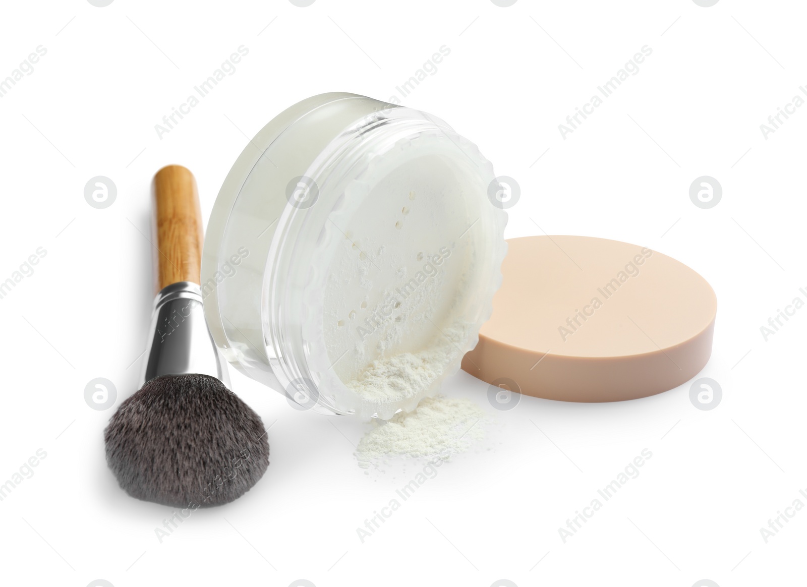 Photo of Rice face powder and brush isolated on white. Natural cosmetic